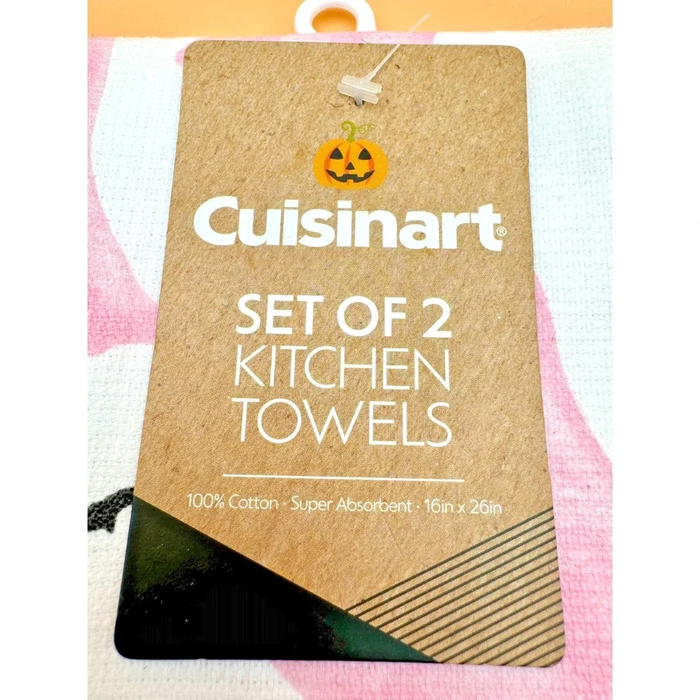 Cuisinart Halloween Kitchen Towels Set of 2 Pink Ghost Bat Cotton NWT